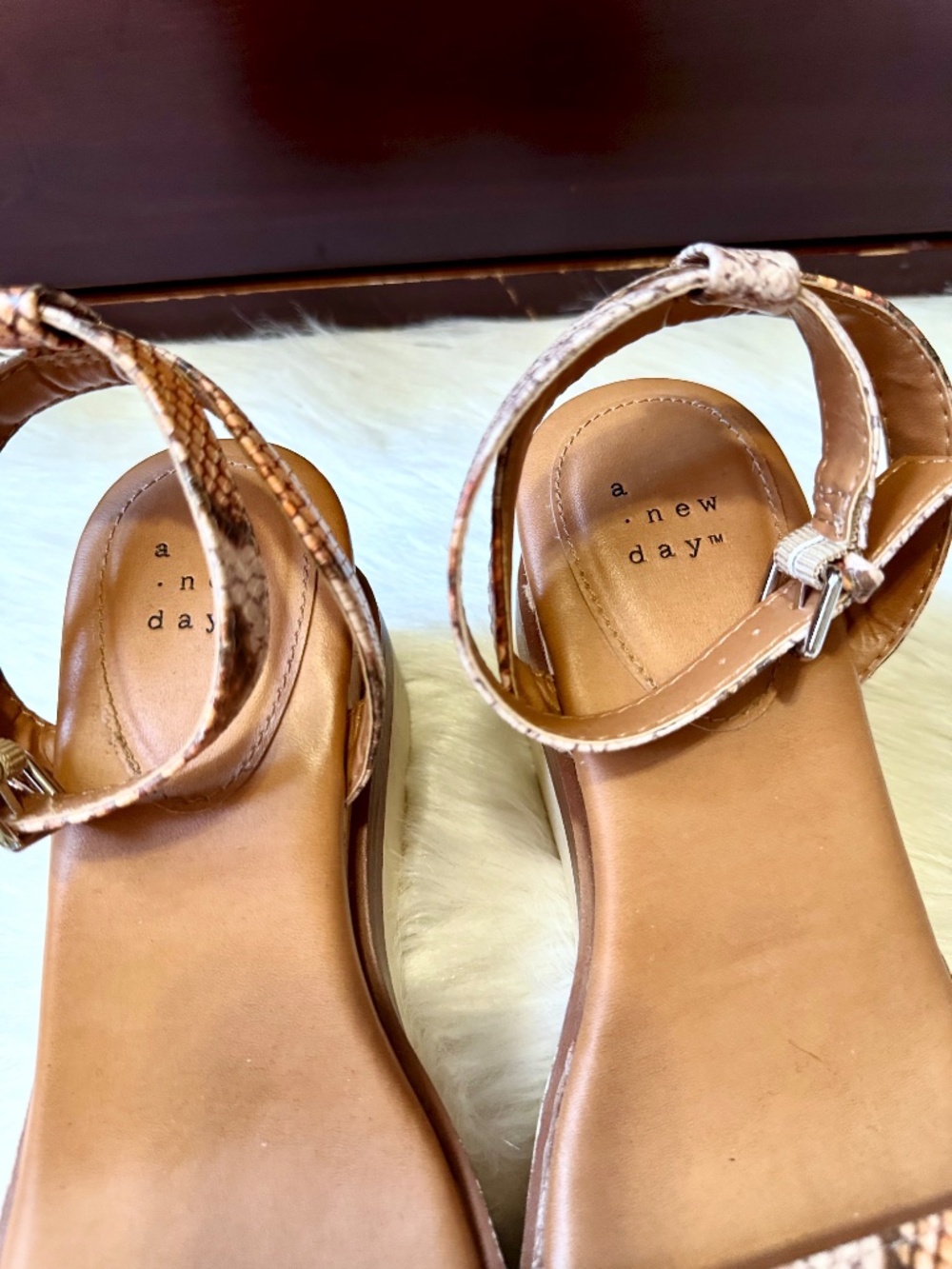 A New Day Snake Print Cork Platform Wedge Ankle Strap Sandals Size 7.5 - Picture 5 of 12
